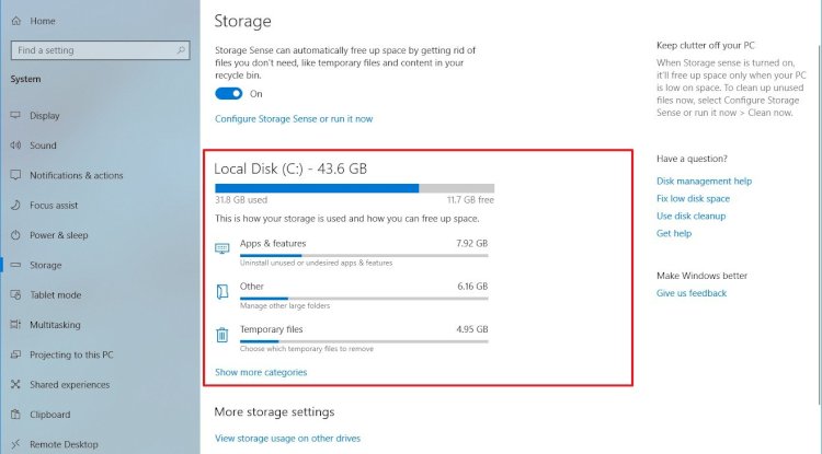 Storage settings on Windows 10 version 1903 and later
